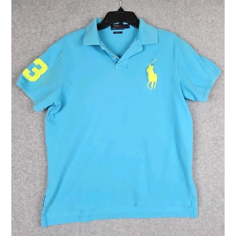 POLO RALPH LAUREN Big Pony Shirt  Aqua Blue Short Sleeve Mens Sz L *Minor Flaws*